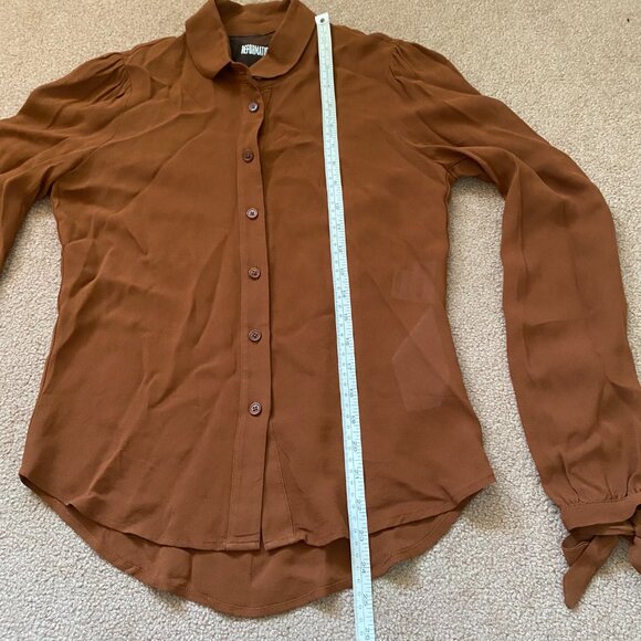 REFORMATION Long Sleeve Button Up Sheer Top Bow Cuffs Women's XS Rich Brown - Picture 9 of 13